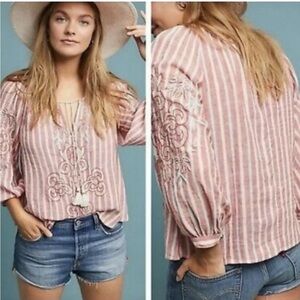 Anthropologie Pink Striped Embroidered Blouse